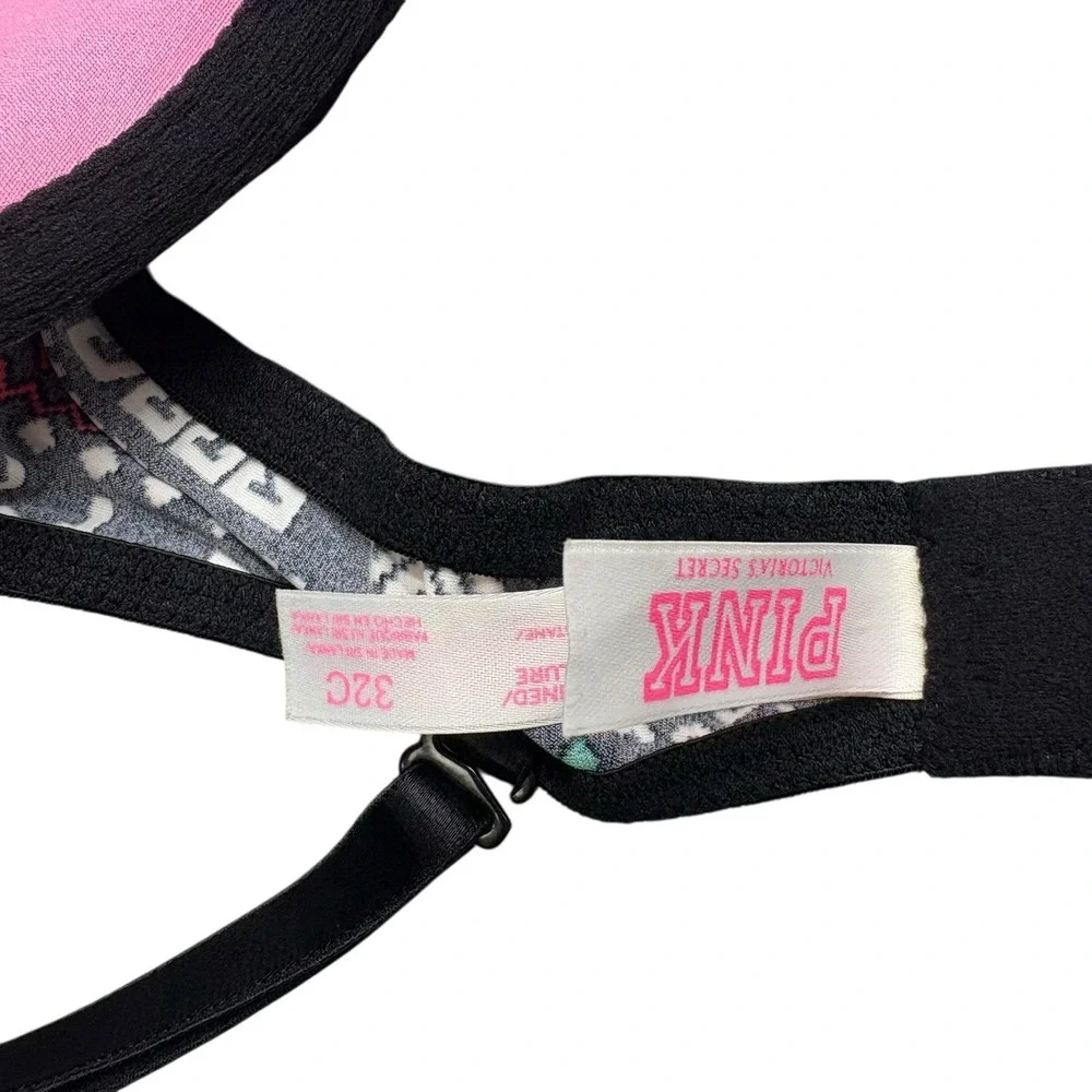 Victoria's Secret PINK Womens Bra 32C Black Fair Isle Christmas Lightly Lined